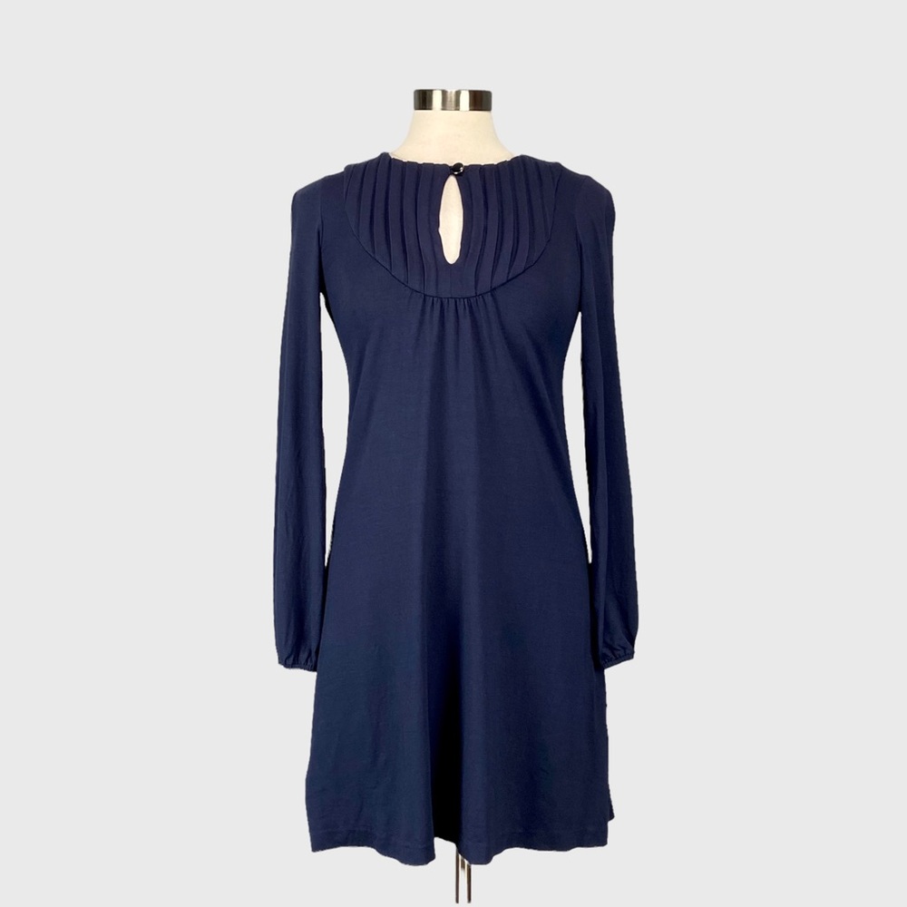 Shoshanna Womens Blue Pintuck A Line Dress Long Sleeves Keyhole Neckline size XS